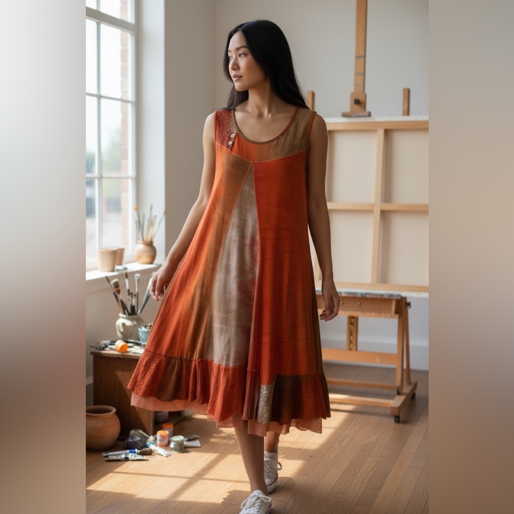 Dolcezza Colorblock Swing Dress Boho Artsy Sleeveless Tunic M